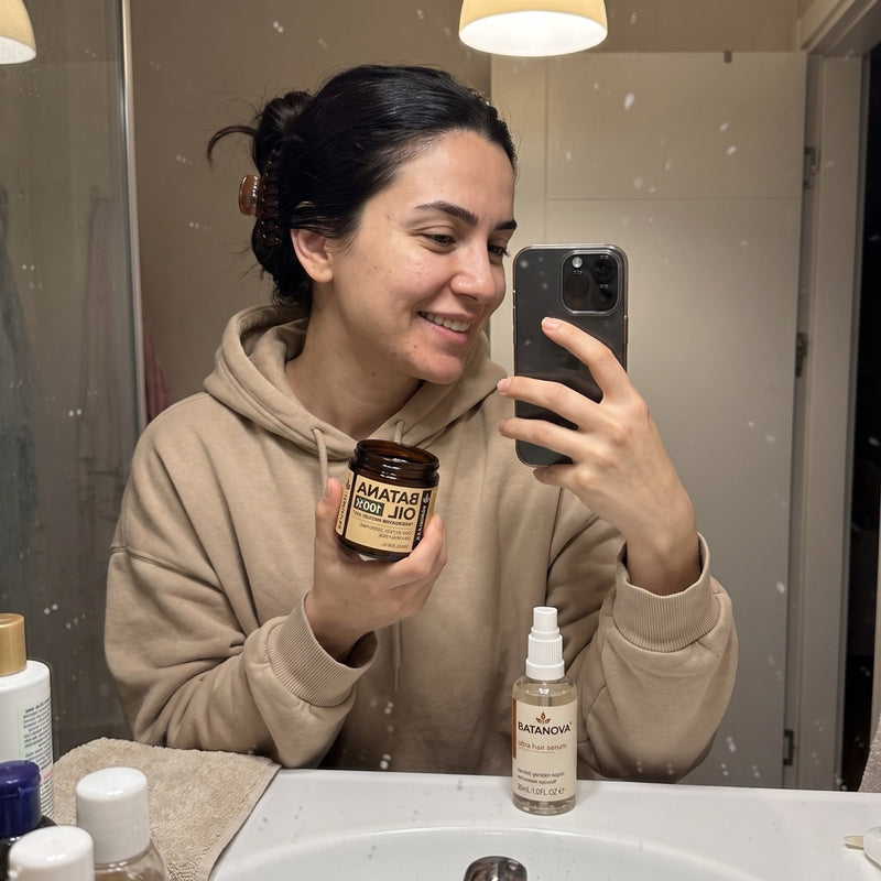 Aynada batana yağı ve serumla selfie çeken kadın